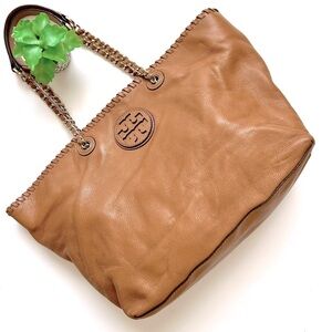 Tory Burch Marion East West Tote Cognac Tan Brown Pebbled Leather